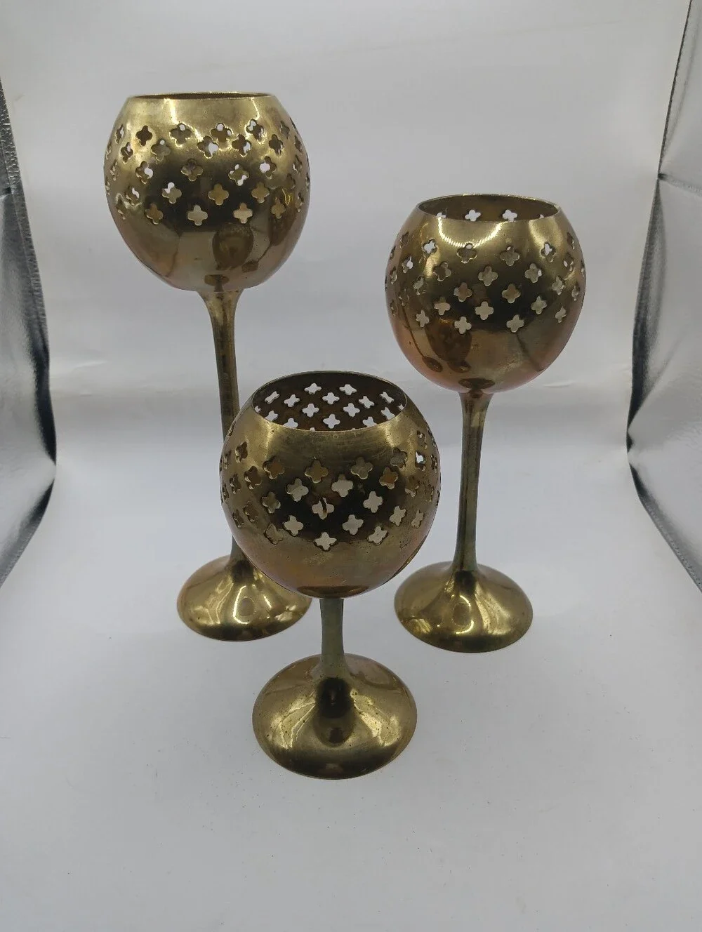 Vintage Brass Goblet Tea Light Candle Holders Pierced Cutout India Set Of 3